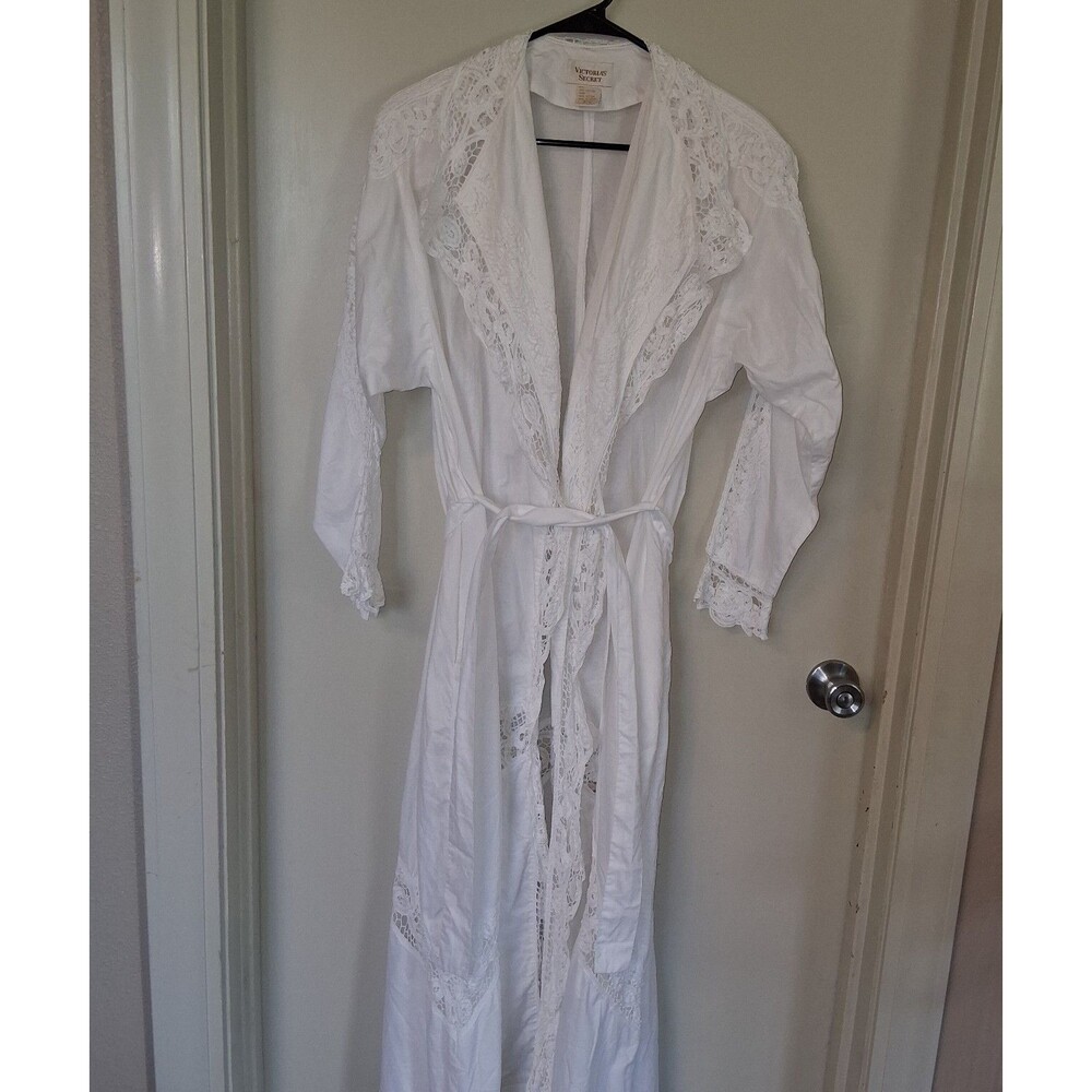 Vintage Victoria Secret Gold Label Cotton Battenburg Lace Maxi Robe White PS